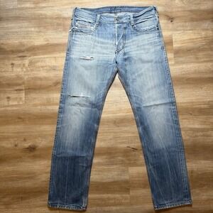 Diesel Timmen Jeans Men 34x32 Blue Straight Leg Medium Wash Distressed Faded Y2K
